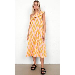 Second Female Dorit Dress M Orange Pink One Shoulder Ruffle Geometric Midi